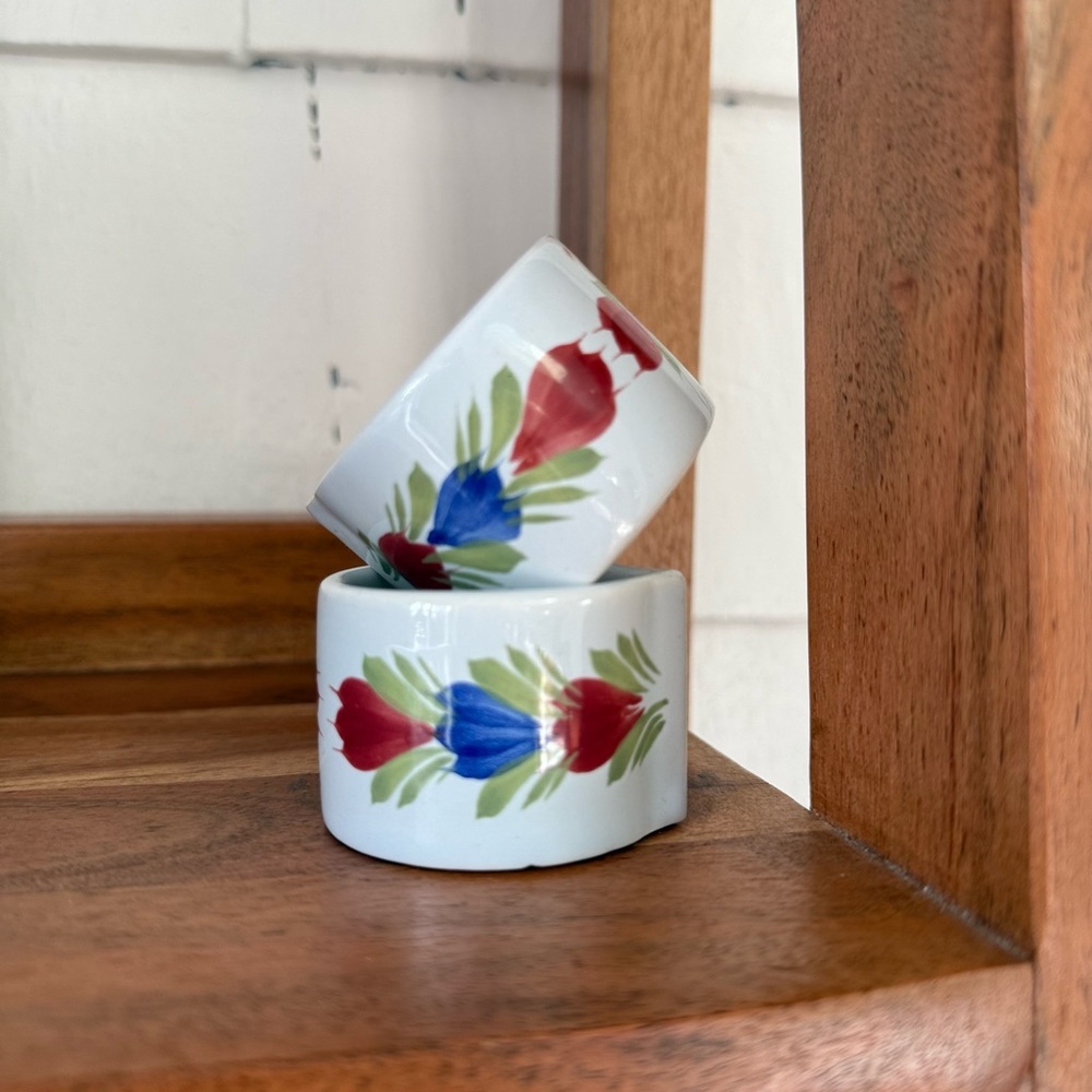 HB HENRIOT QUIMPER FRANCE Floral Ceramic Napkin Rings set of two